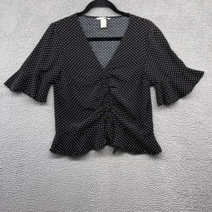 H&M Womens Blouse Black Polka Dot Short Bell Sleeve V-Neck Ruched Chest Size 6